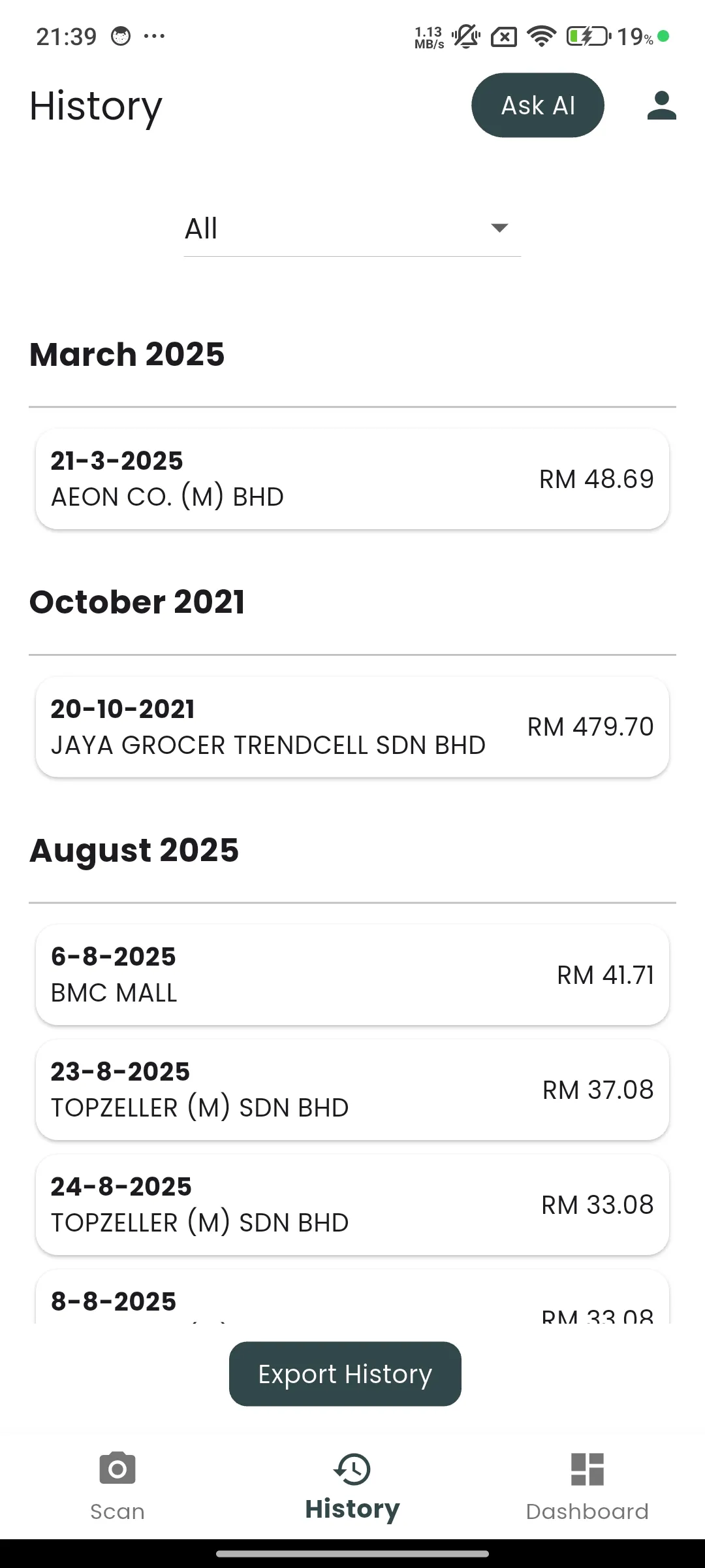 Smart Expense Tracker App: Expense History