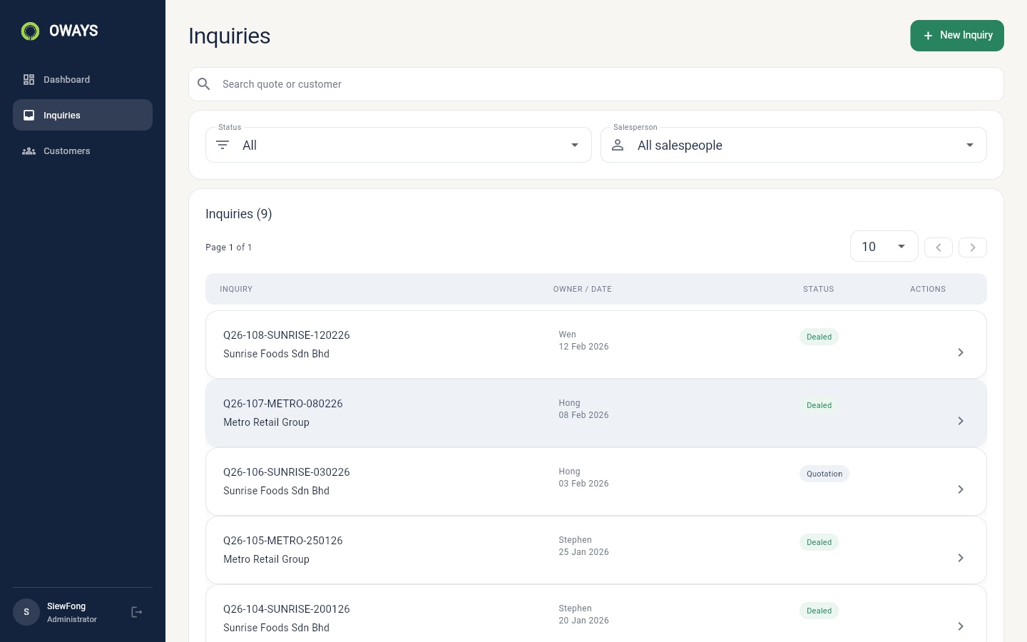 OWAYS: Inquiries — Desktop